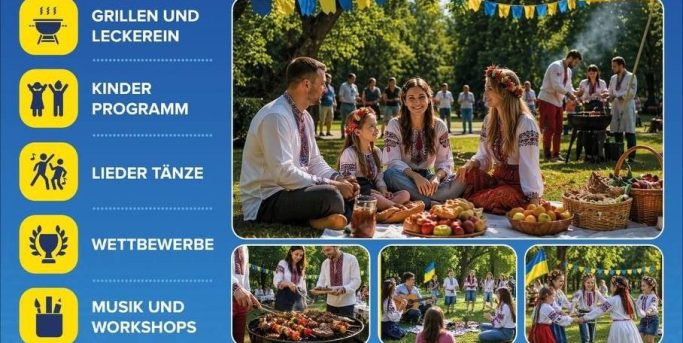 Familienfreundliches Fest mit Musik, Tanz, Essen und Kinderprogrammen im Freien.