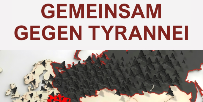 Text „Gemeinsam gegen Tyrannei“ über einer stilisierten Karte von Europa und Asien.