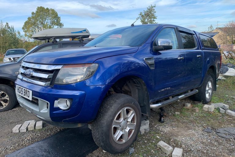Blauer Pickup-Truck mit erhöhter Bodenfreiheit und Dachgepäckträger.